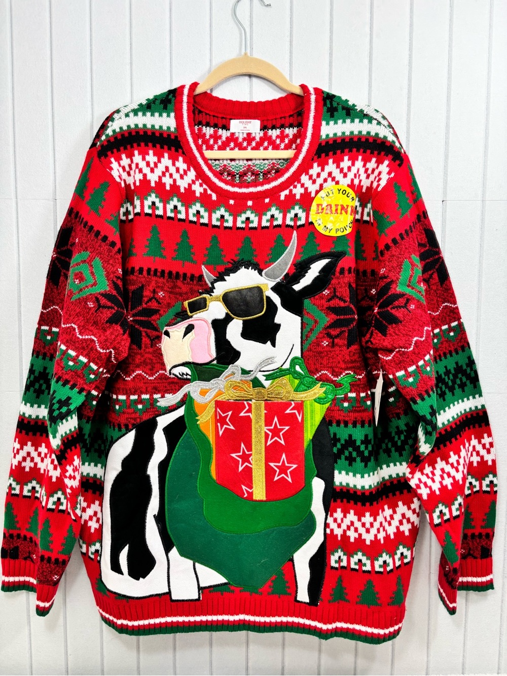 Holiday Time Christmas Sweater Ugly Christmas Sweater with Drink Pocket size 2XL